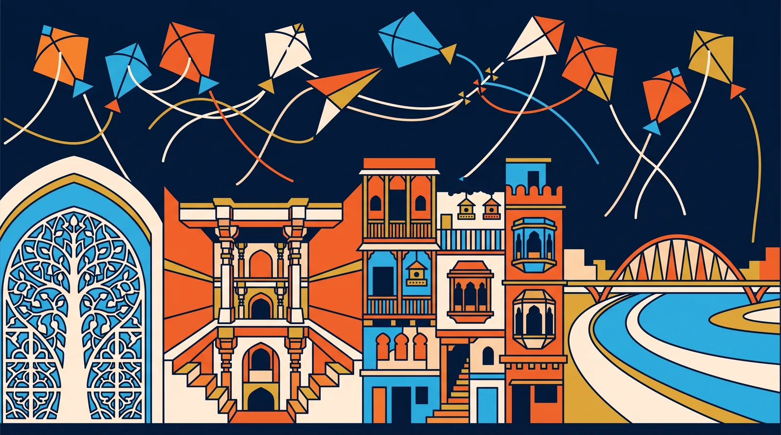 Illustration of Ahmedabad landmarks - the Sidi Saiyyed jaali window, the stepped levels of Adalaj stepwell, carved old-city pol houses and the Sabarmati riverfront bridge - beneath a sky of kites